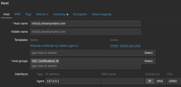 Zabbix Web monitoring - Web certificate - Host tab